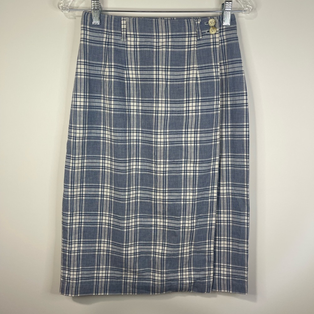 Talbots vintage Blue and White Plaid wrap around Pencil Skirt